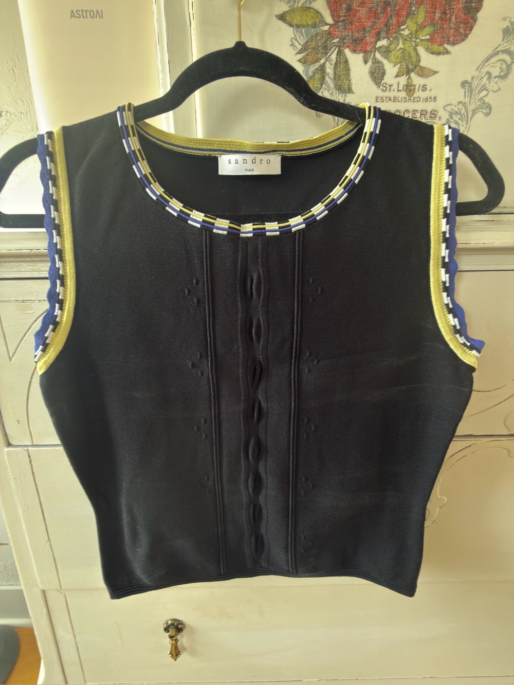Sandro Black Sleeveless Knit Tank with Navy and Yellow Trim